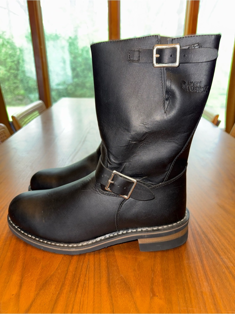 Men's Black Leather Engineer Boots with Buckle Detail